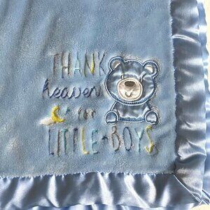 Baby Essentials Satin Trim Boy Blanket Throw Teddy Bear Embroidered Thank Heaven